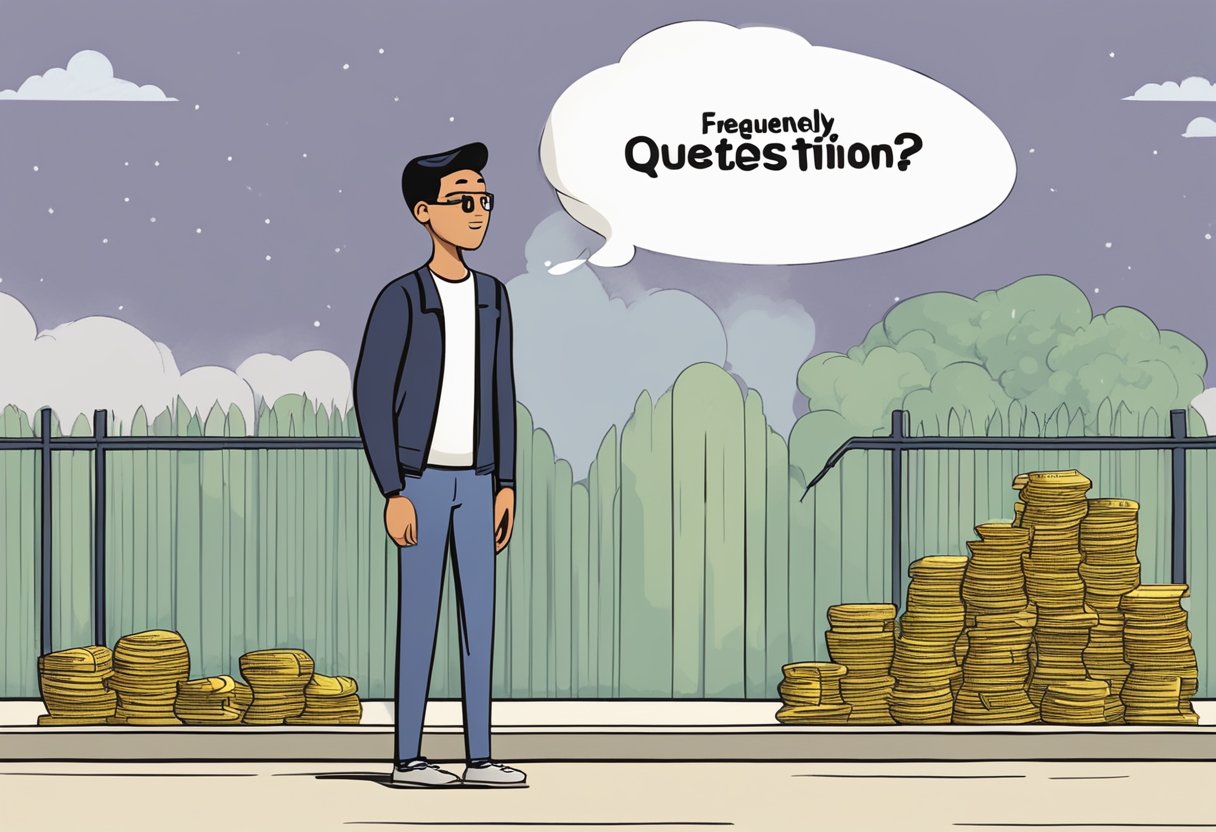 A person standing in front of a sign that reads "Frequently Asked Questions" with a thought bubble of seeking help for money lender loan repayment