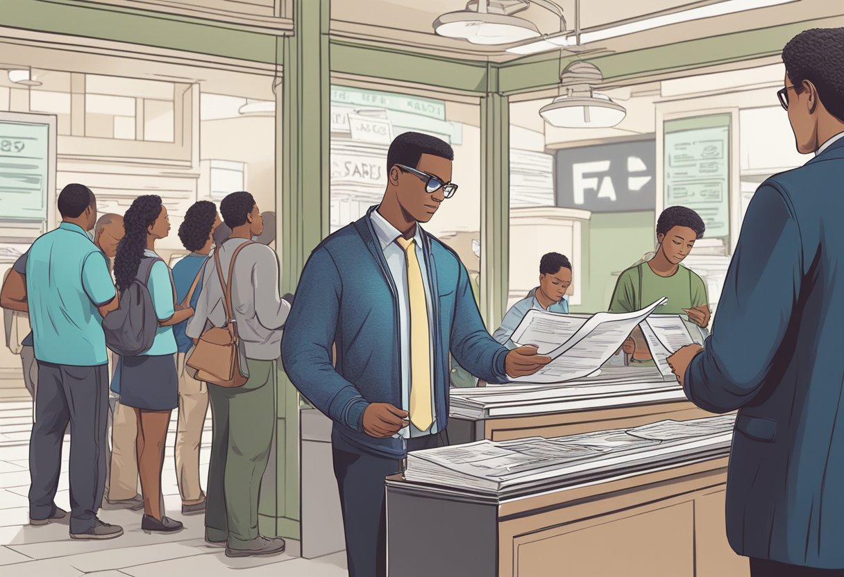 A person standing in line at a cash check money lender, reading a FAQ sheet while waiting
