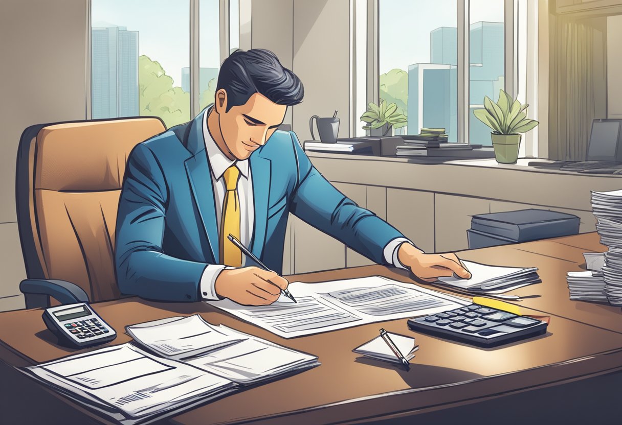 A borrower signing a contract with an exempt moneylender in a well-lit office, with a stack of cash and a calculator on the table