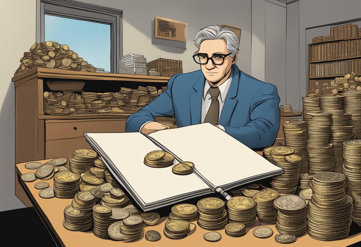 A cluttered desk with stacks of coins, ledgers, and a scale. A sign reads "Jem Money Lender" while a stern-looking figure looms in the background