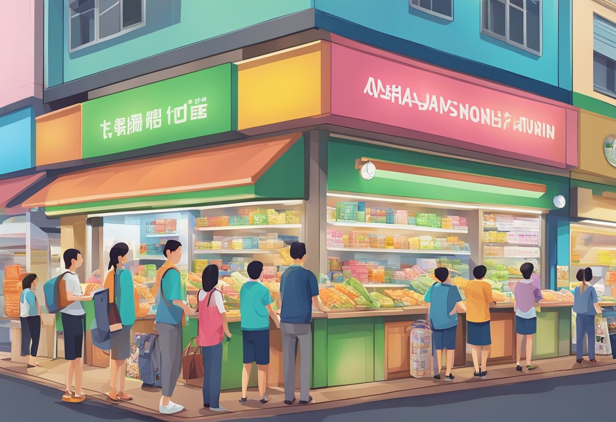 A money lender's shop at Yishun Junction 9, bustling with customers and adorned with colorful signage