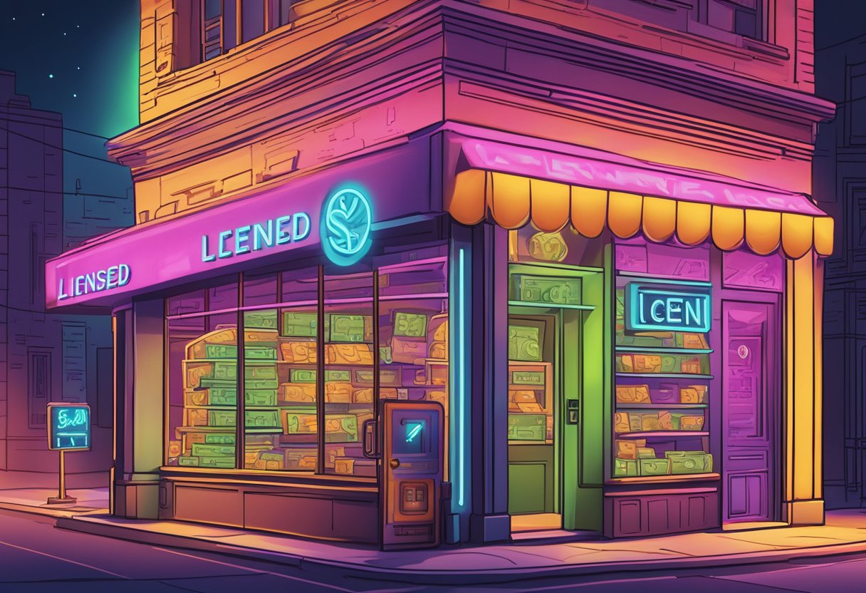 A bright neon sign flashes "Licensed Money Lender" above a storefront. A stack of cash and a scale symbolize financial services