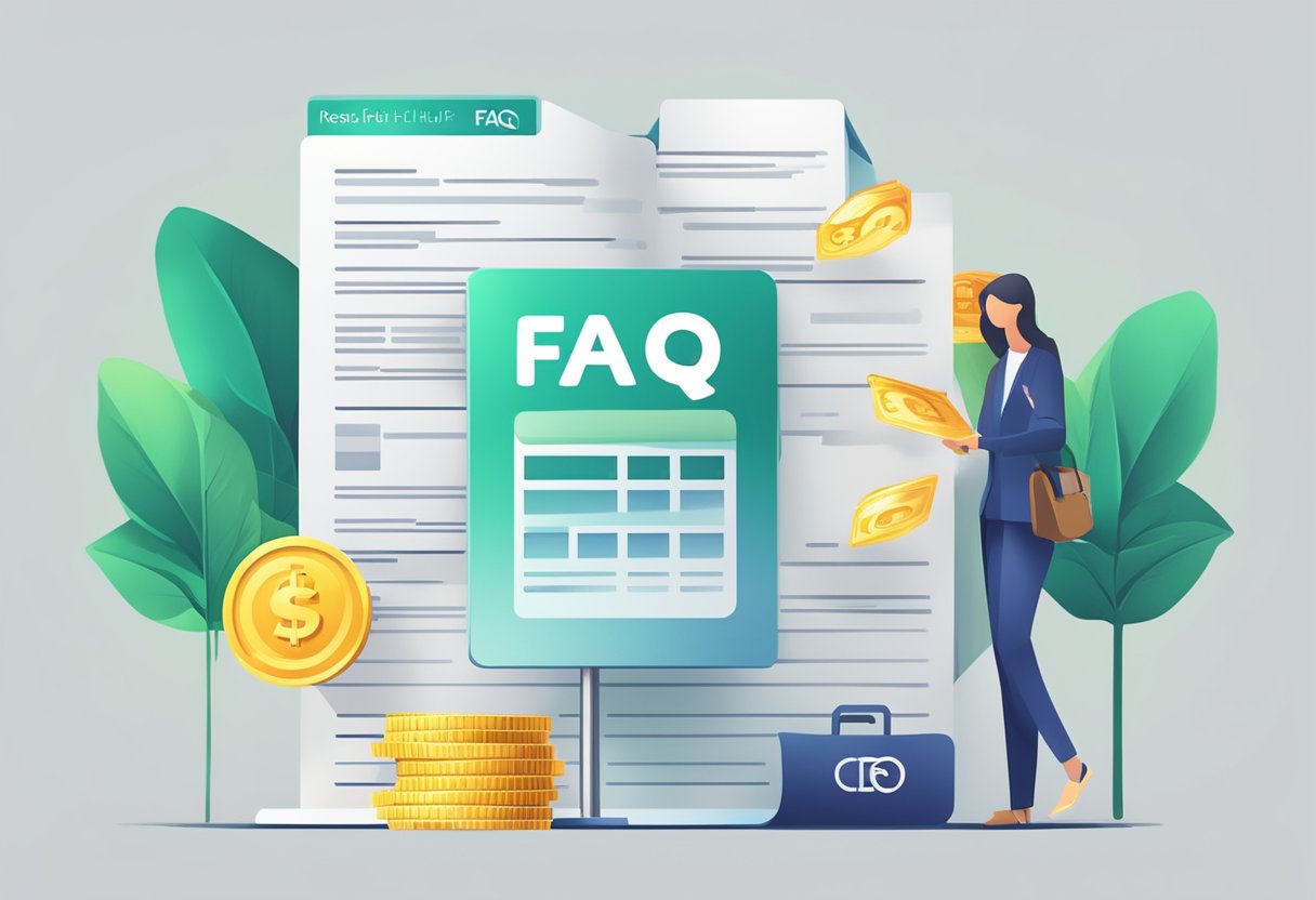 A stack of FAQ sheets next to a credit hub sign, with money lender logo