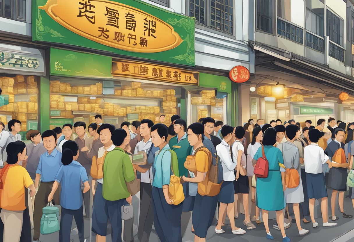 A bustling Bugis Village money lender sign attracts a crowd