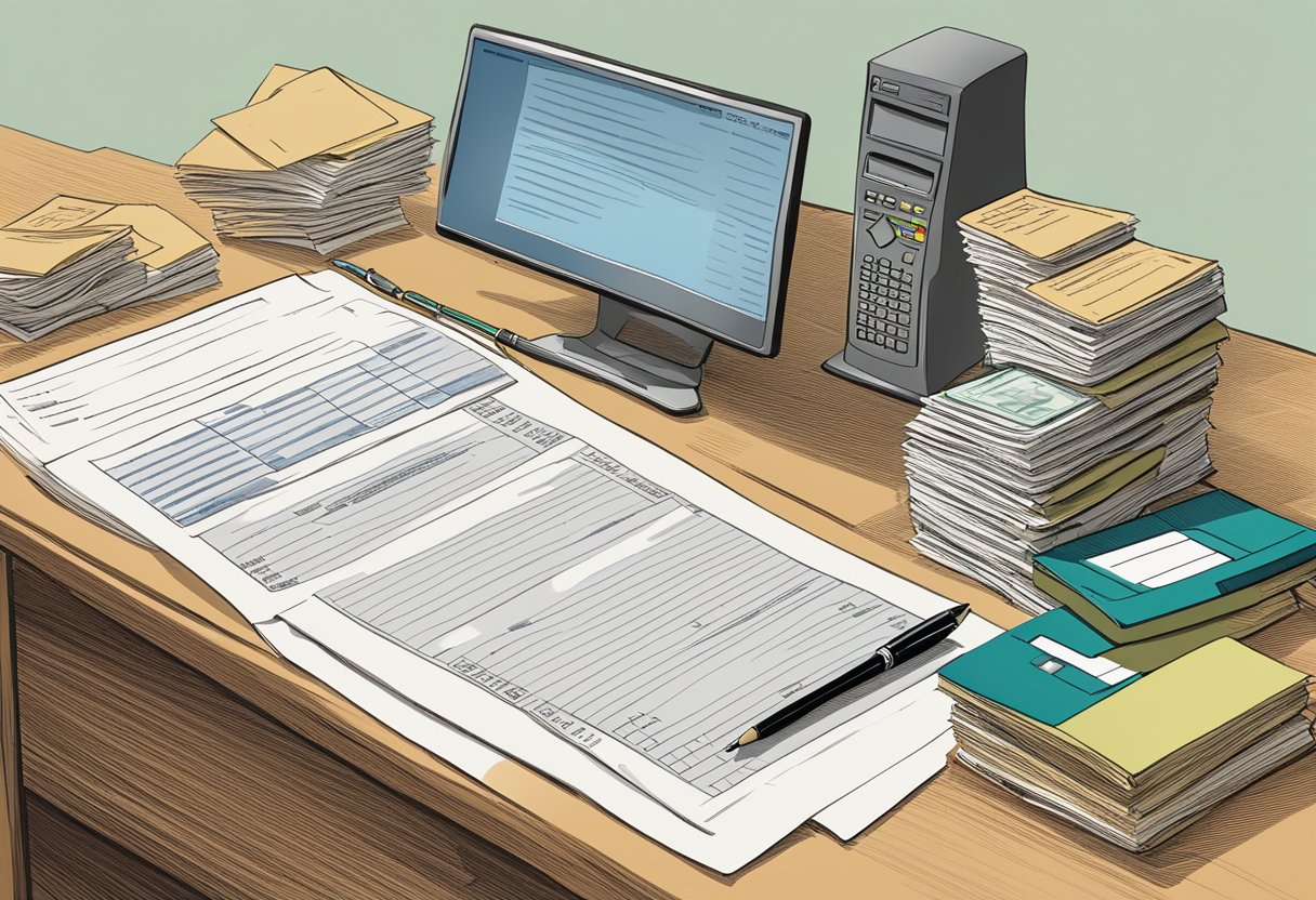 A desk with a computer displaying the Ministry of Law's list of licensed money lenders. A stack of papers and a pen sit next to the computer