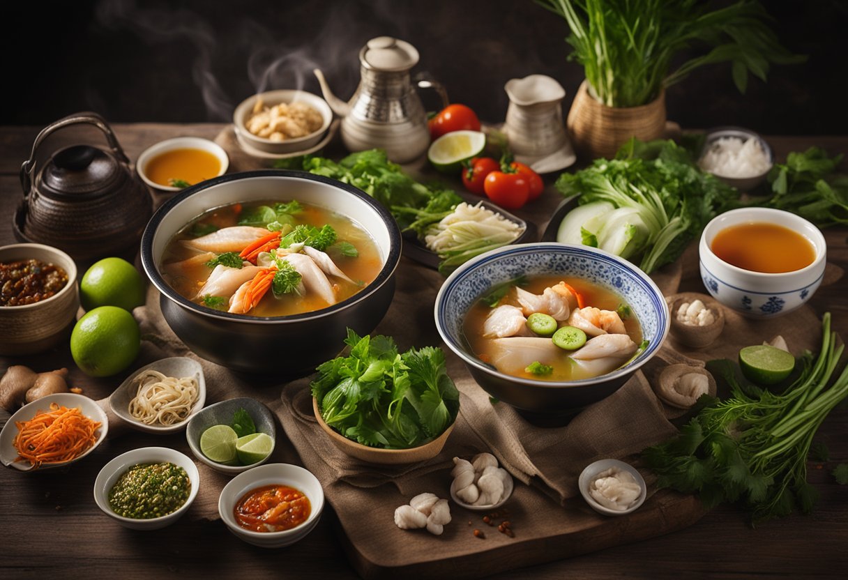 A steaming pot of Teochew fish soup surrounded by fresh ingredients and condiments on a rustic table