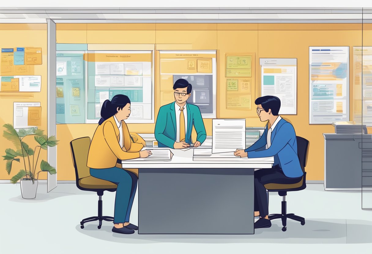 A Singaporean money lender sits behind a desk, with a sign displaying their license prominently. A customer sits across from them, discussing loan terms