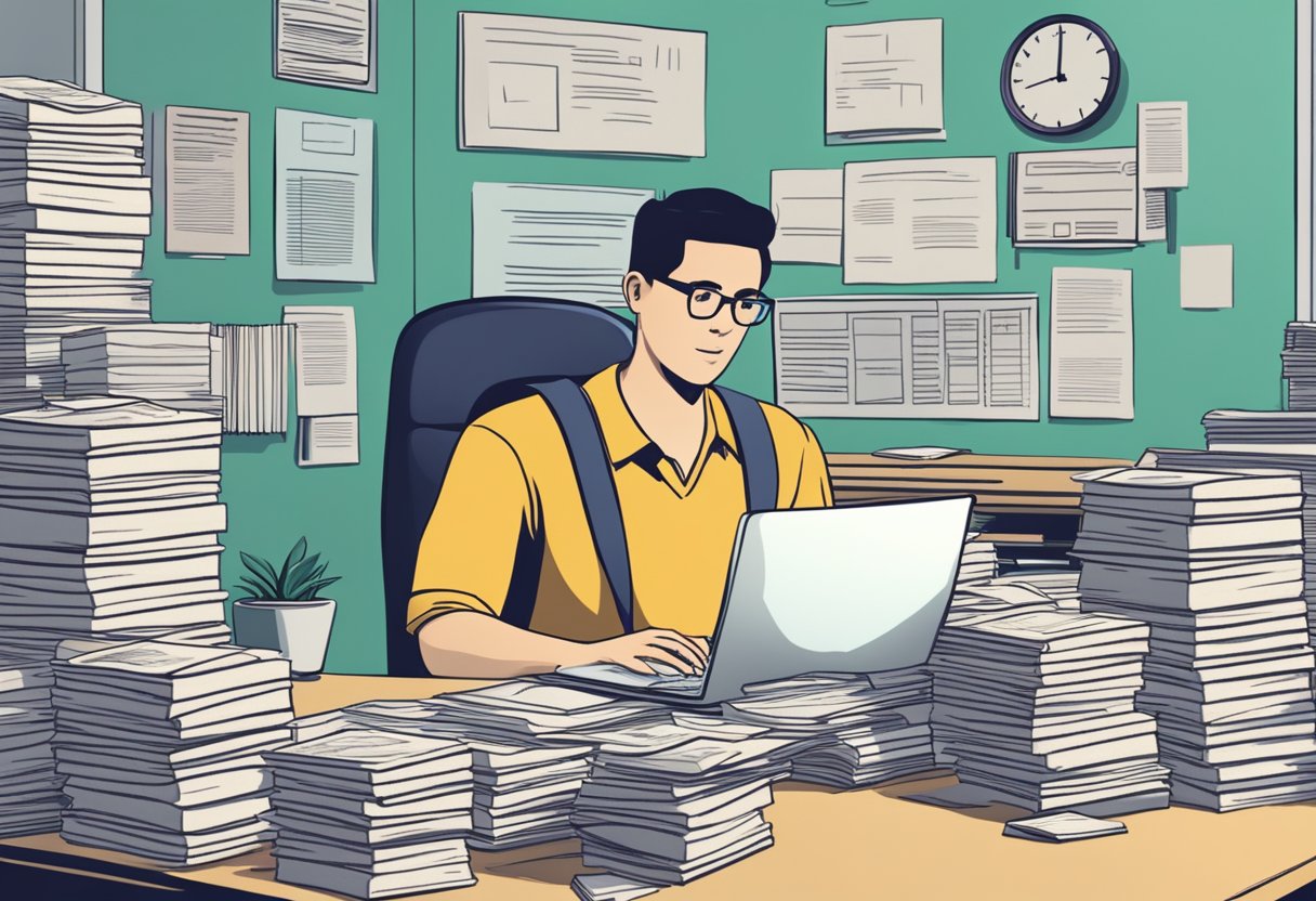 A person sitting at a desk, surrounded by stacks of papers and a computer, with a sign that reads "Frequently Asked Questions exempt money lender singapore" displayed prominently