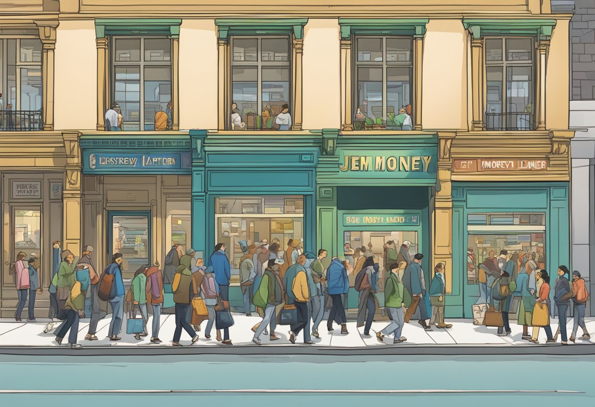 The bustling city street with a bright sign reading "Jem Money Lender" above a door. A line of people waits outside, while others hurry by