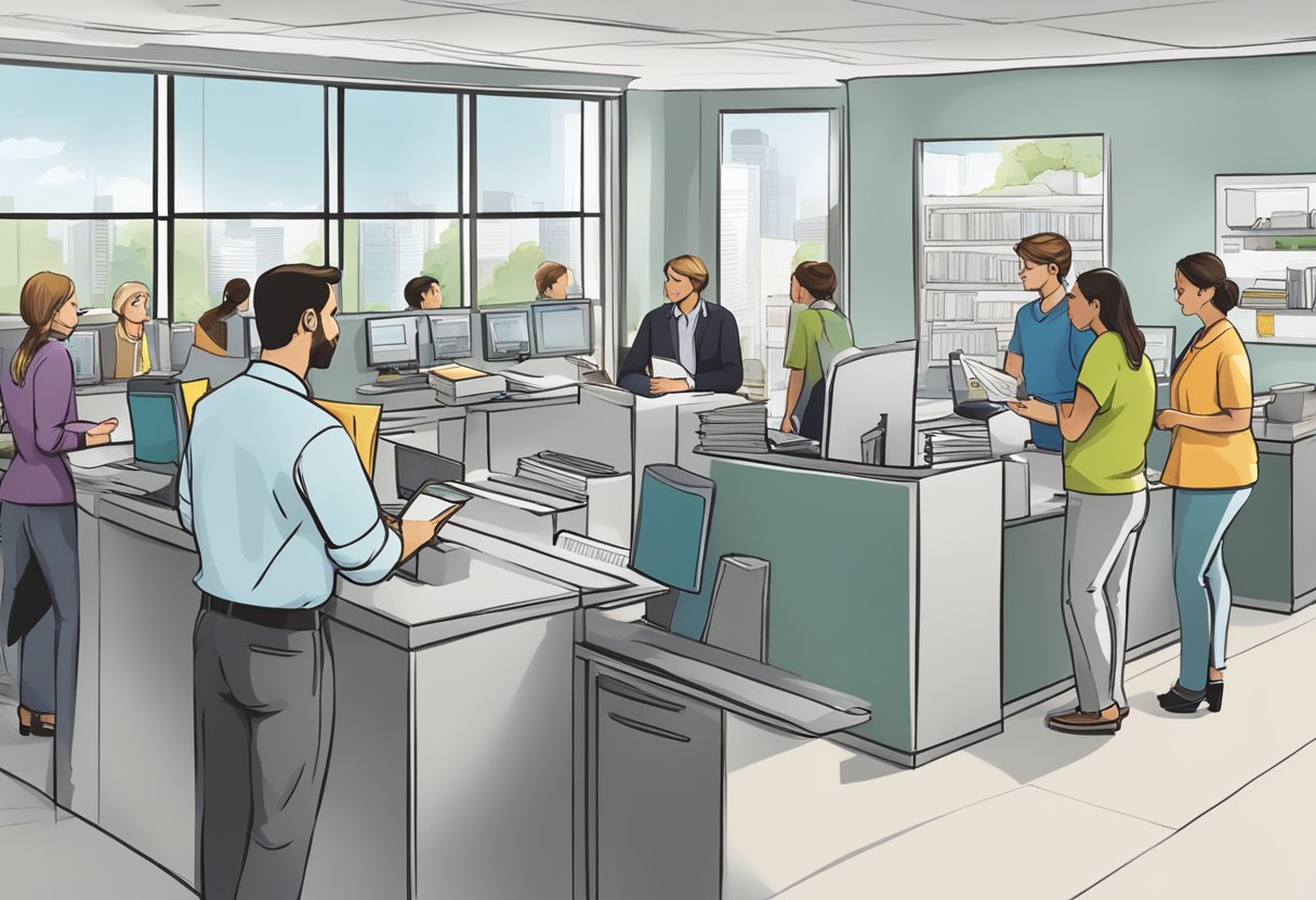 A busy office with people lining up at the counter, talking to a staff member, and reading informational brochures about Jem Money Lender's services
