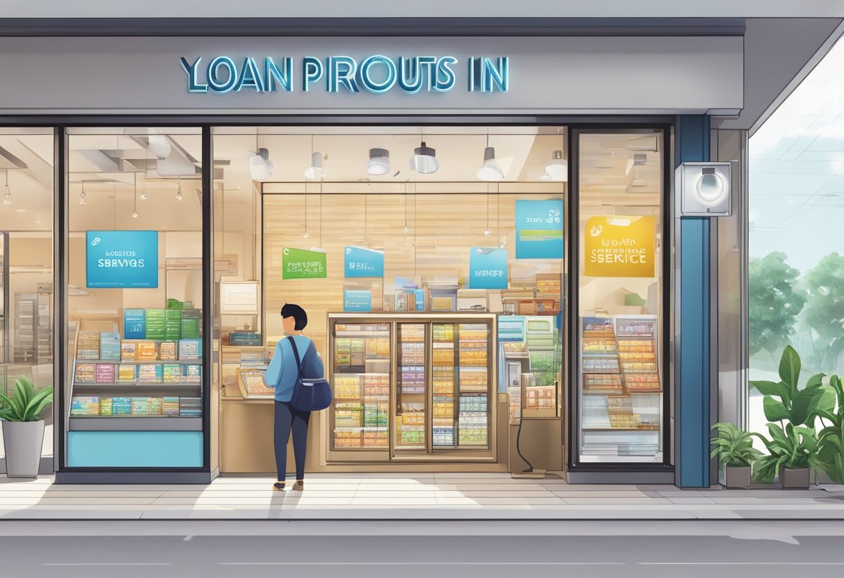 A bright and modern storefront with a sign reading "Loan Products and Services in Yishun" at Yishun Junction 9. Visible through the window are displays of various financial products