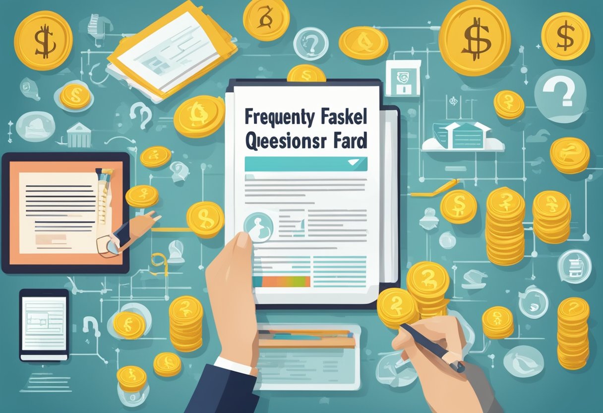 A banner with "Frequently Asked Questions" and "licensed money lender" text, surrounded by financial symbols and icons, displayed prominently for advertising