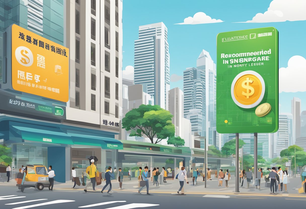 A signboard with "Recommended Money Lender in Singapore" displayed prominently. Surrounding buildings and a bustling city street in the background