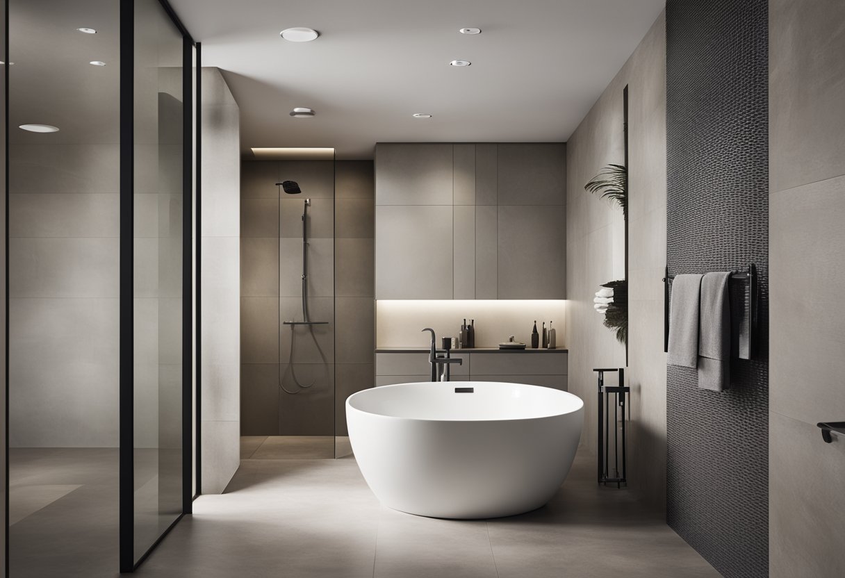 A curbless shower with sleek, modern design. Open space, flush with the floor. Minimalist, seamless transition. Clean lines, contemporary fixtures