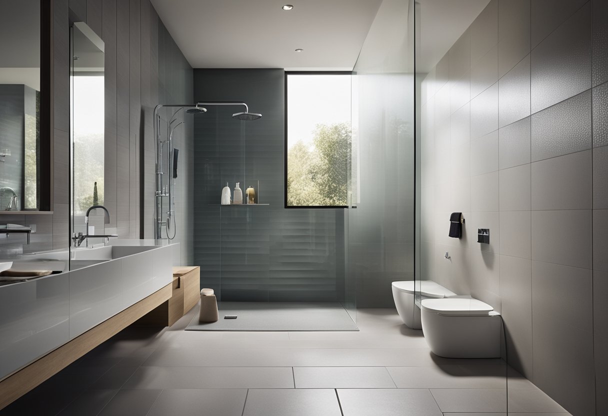 A curbless shower with a sloped floor, linear drain, and waterproofing membrane. Tile walls and a glass panel separate the shower from the rest of the bathroom