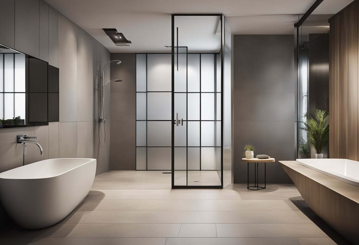 A spacious bathroom with a curbless shower featuring a sloped floor and linear drain. Seamless transition between shower and rest of the space. Open and accessible design