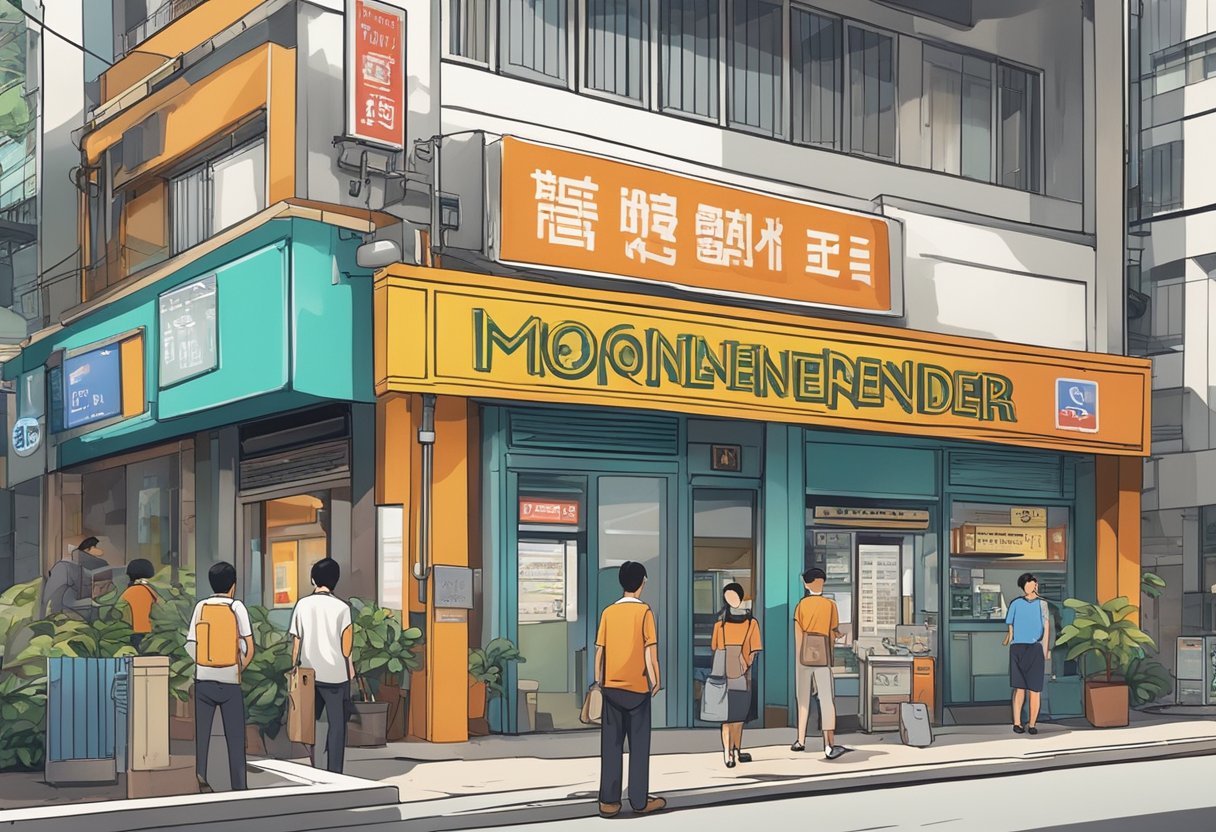 A signboard with "Licensed Moneylender" in bold letters, surrounded by symbols of trust and reliability, stands prominently in a bustling Singapore street