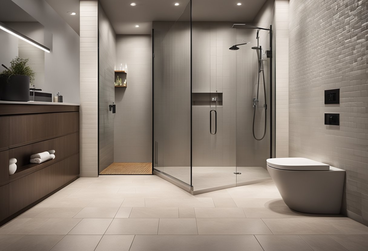 A curbless shower with sleek, modern design. Accessible entryway with no step. Minimalist drain system integrated into the floor. Clean, contemporary tile work