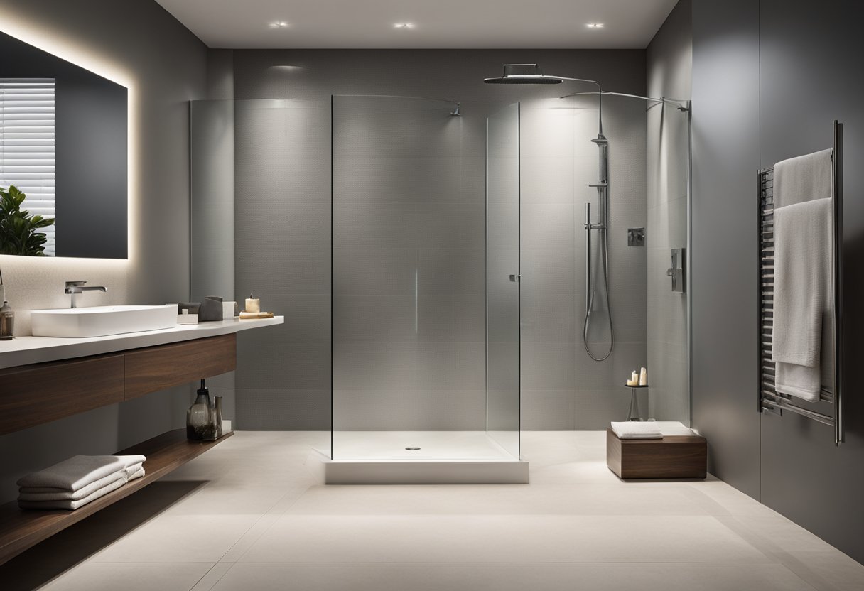 A curbless shower with sleek, modern design. Tile floor slopes gently toward a central drain. Glass panels enclose the space, with a minimalist showerhead and controls