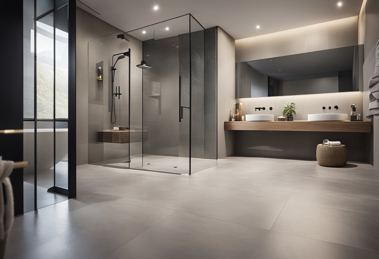 A curbless shower with sleek, modern design. Drainage system seamlessly integrated into the floor. Minimalist and accessible