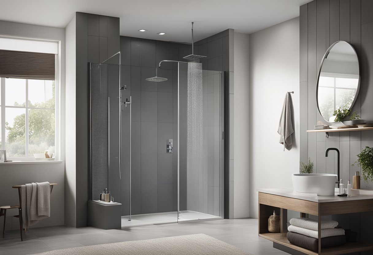 A curbless shower with sleek, modern design. Open space, level floor, and seamless transition to the rest of the bathroom. Clean lines and minimalistic fixtures