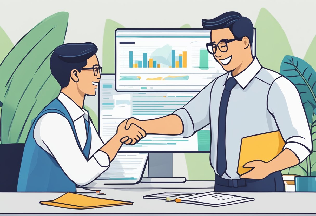 A person receives a loan and is shown smiling and shaking hands with a representative from a recommended money lender in Singapore. They are surrounded by paperwork and a computer showing the loan approval