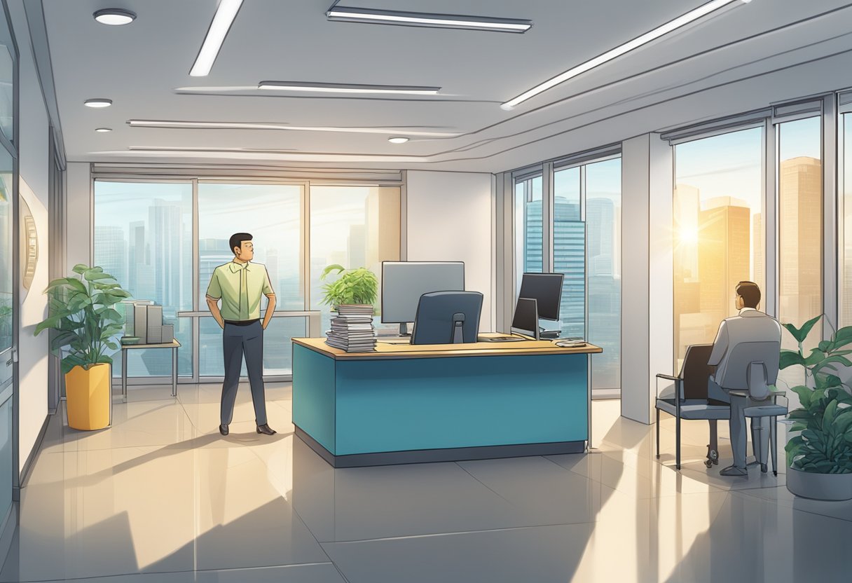 A brightly lit office with a sign reading "Frequently Asked Questions recommended money lender in Singapore" displayed prominently on the wall