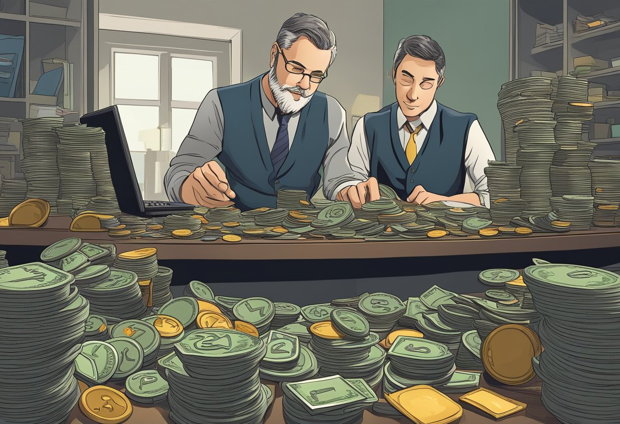 A sincere money lender counting coins at a cluttered desk
