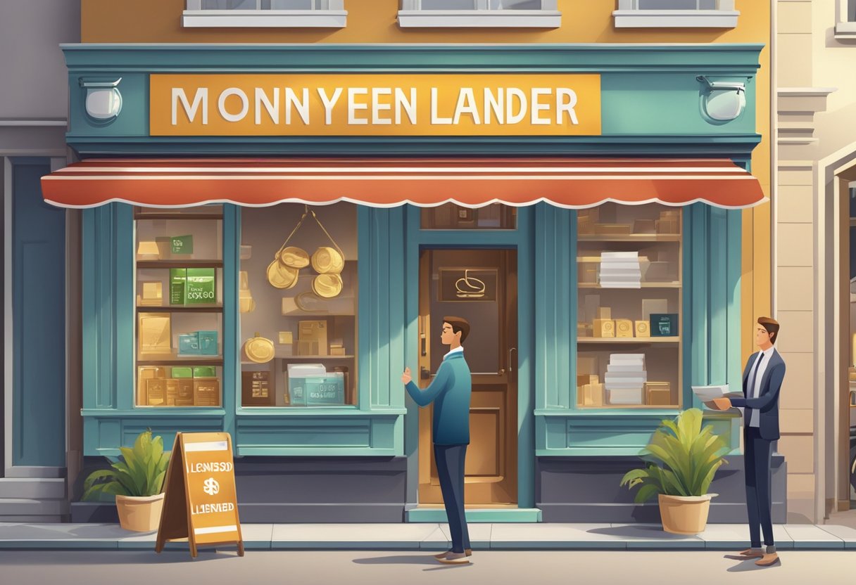 A signboard with the words "Licensed Moneylender" displayed prominently outside a storefront, with a sincere-looking individual inside assisting a customer
