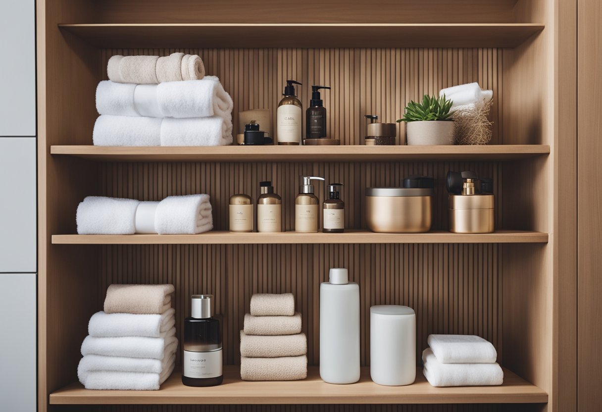 Bathroom shelves neatly organized with towels, decorative items, and storage containers. Clean, uncluttered space with carefully curated items