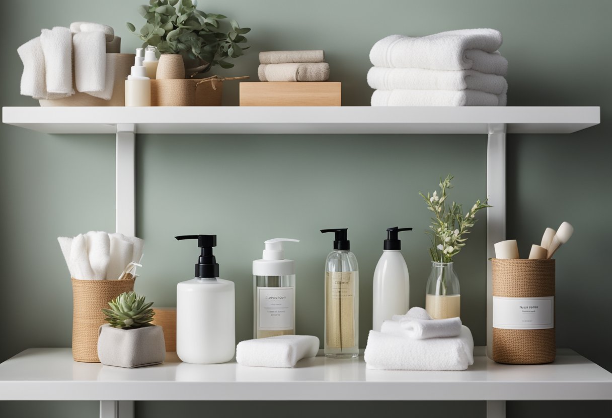 A clean, organized bathroom shelf with carefully arranged items in a cohesive style. Various containers, towels, and decorative accents create a balanced and uncluttered look