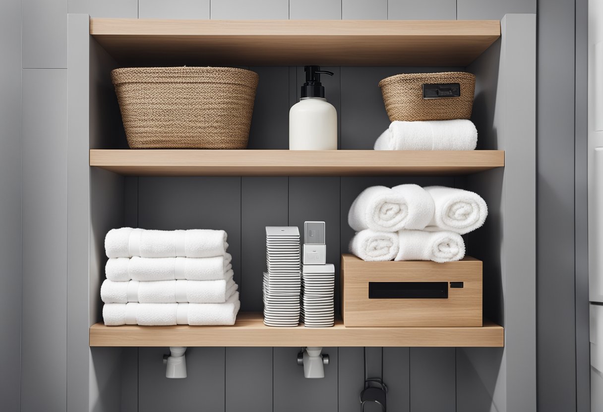 Bathroom shelves neatly arranged with labeled storage bins, folded towels, and decorative accents. No clutter, just functional and stylish organization