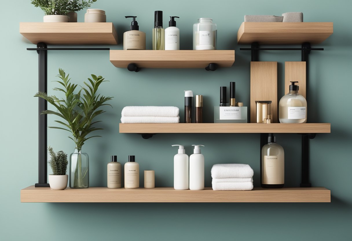 A bathroom shelf with neatly arranged items, balanced spacing, and intentional decor. No clutter, just a clean and stylish display