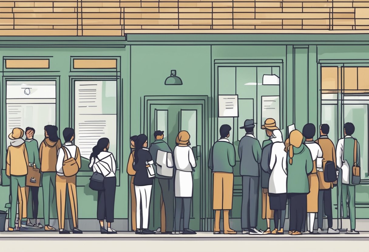 A line of people waiting outside a sincere money lender's office, filling out paperwork and discussing eligibility requirements