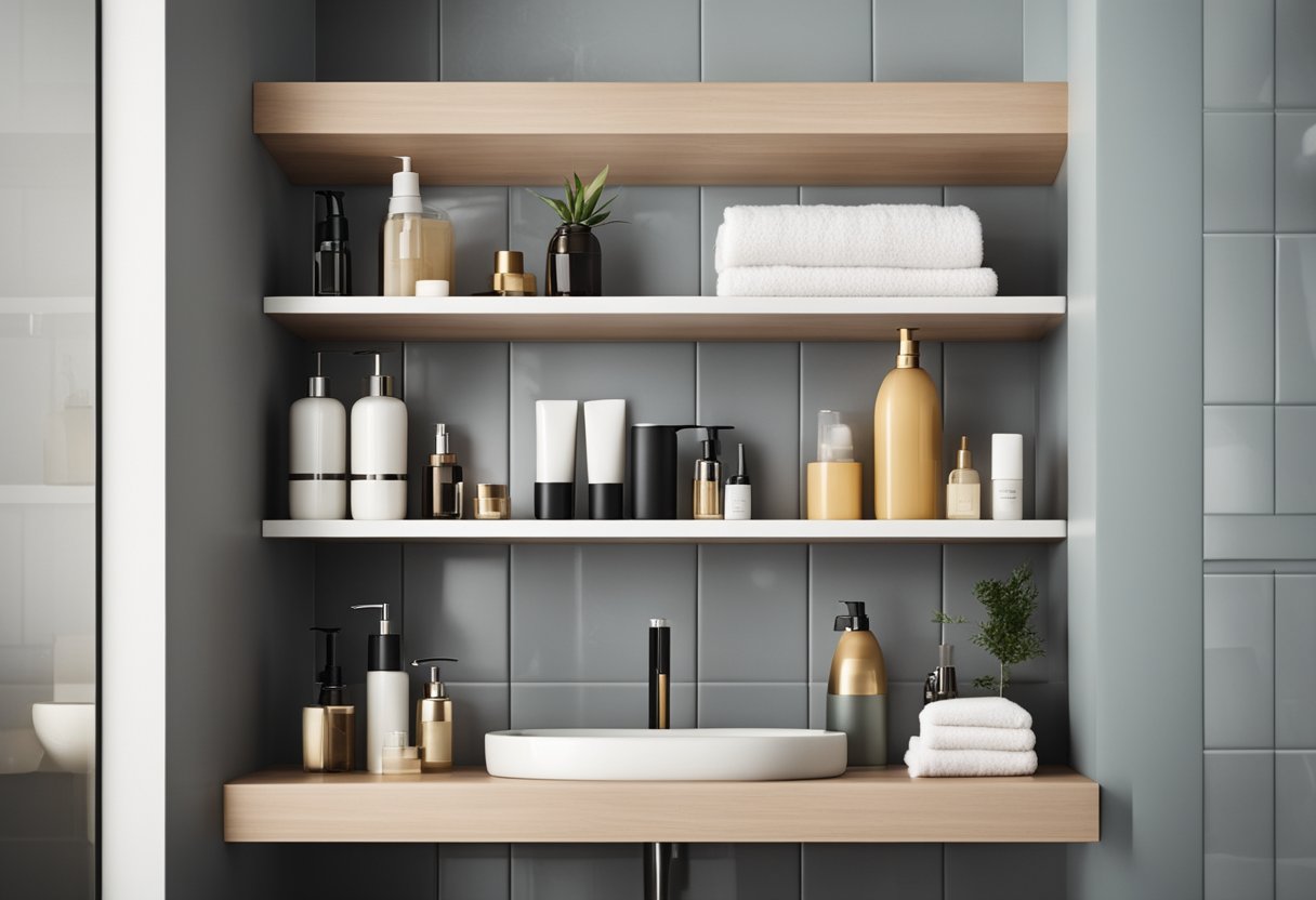 Clean bathroom shelves with neatly arranged items in 5 steps