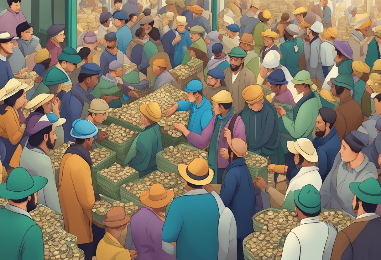 The money lenders count and exchange bills and coins in a crowded marketplace