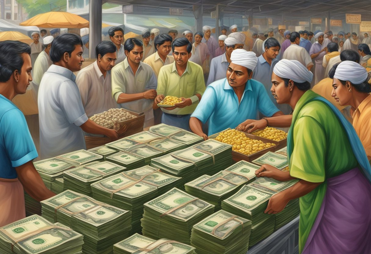 Indian money lenders conduct business in a bustling early Singapore market