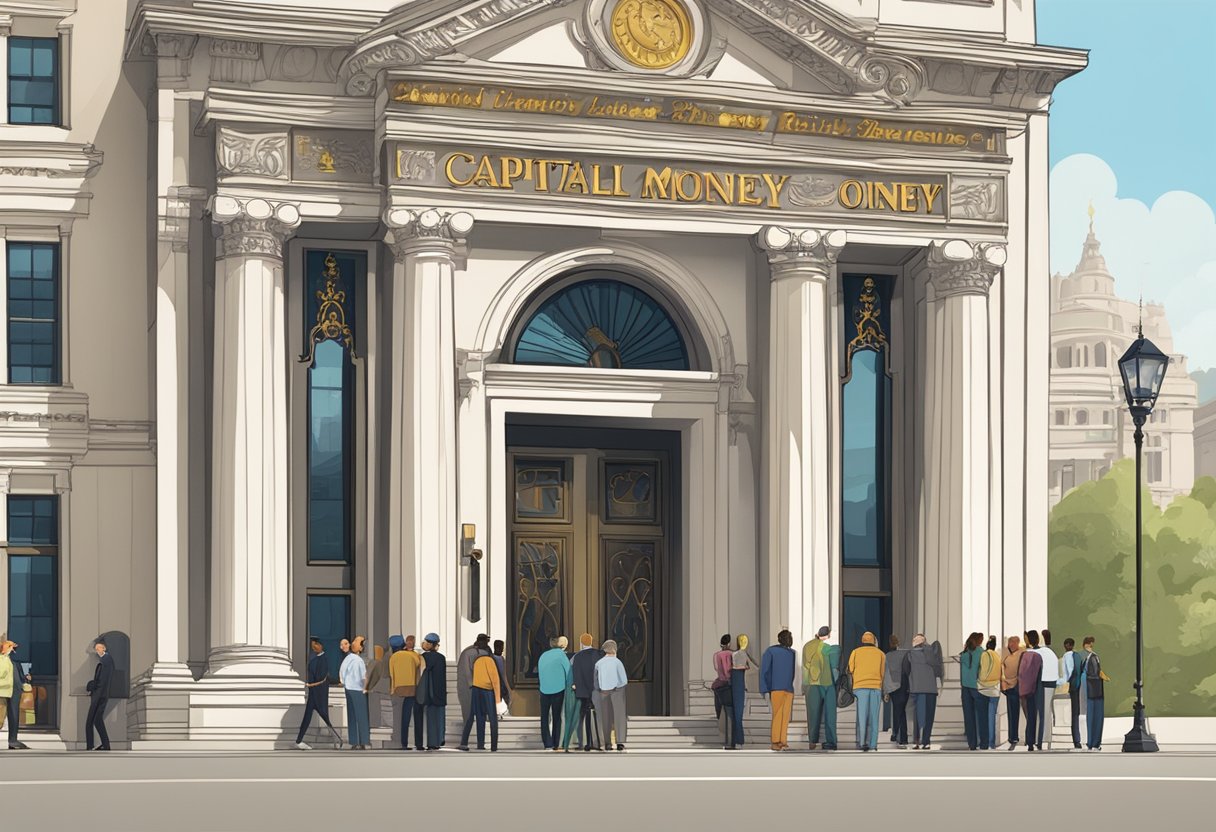 A line of people waits outside a grand building with a sign reading "Capital Money Lender Reviews." The building is adorned with pillars and a large, ornate door