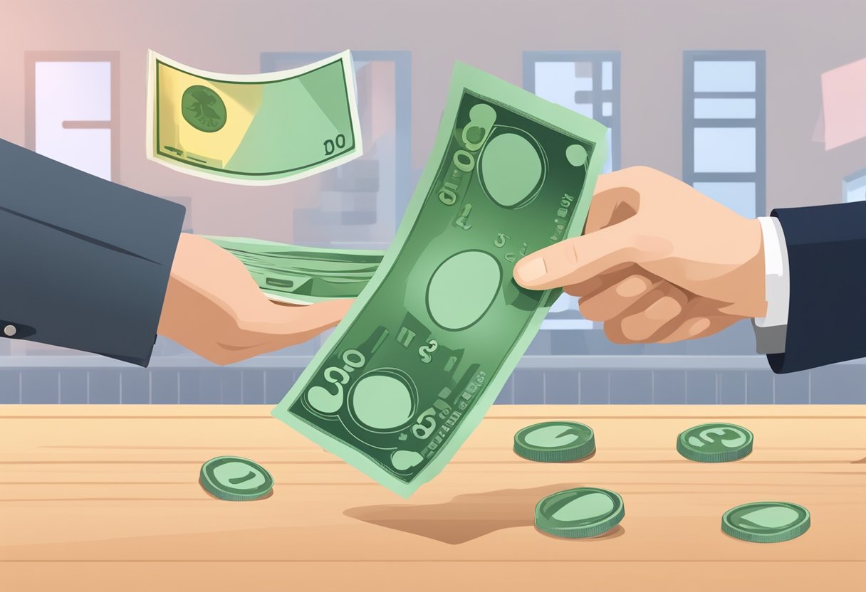 A hand holding a bag of money is being handed to a person with a credit score sign in the background