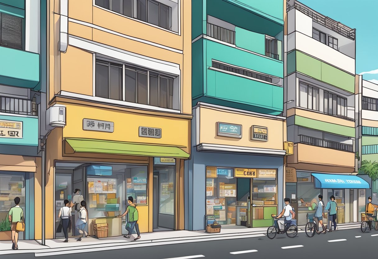 A busy street with hdb money lenders' storefronts, people entering and exiting, and signs advertising loan services