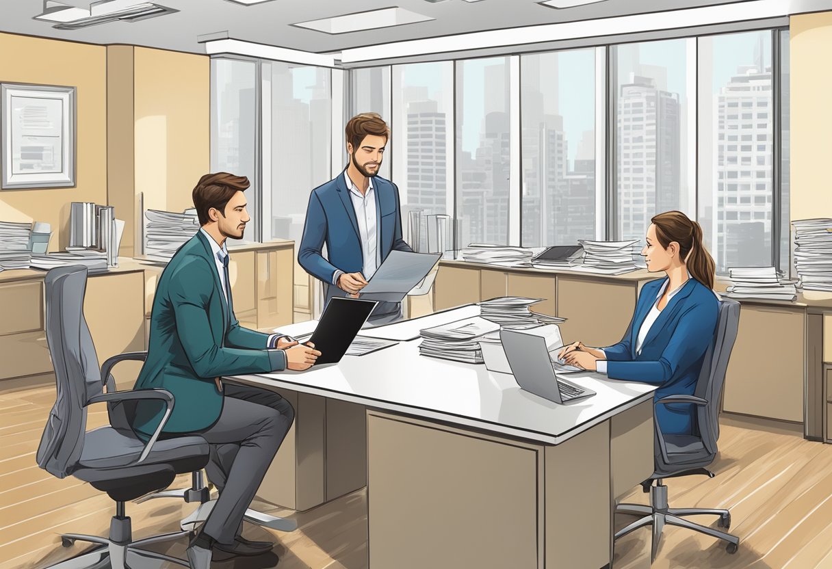A person receiving credit assistance from a money lender, discussing terms and signing documents in an office setting