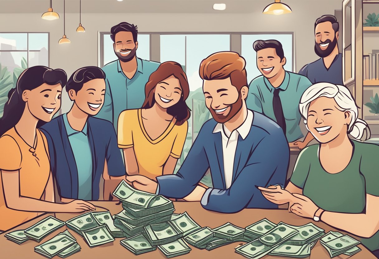 An ethical money lender counting out cash with a smile, surrounded by happy and satisfied clients