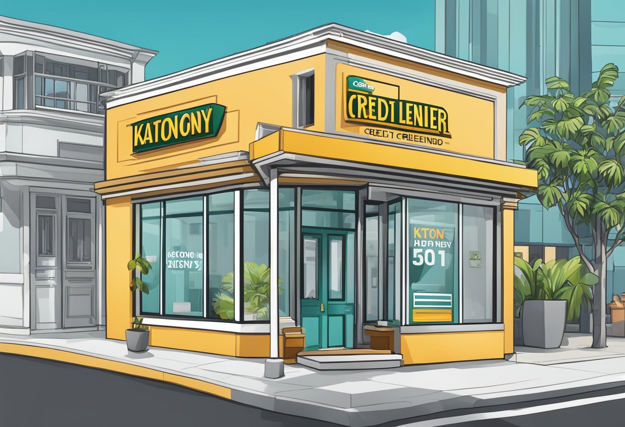 A storefront sign for "Katong Credit Money Lender" with bold lettering and a clean, professional design