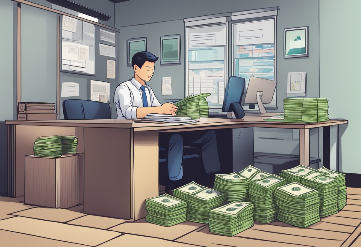 A moneylender's office in Singapore with a sign displaying interest rates, a customer filling out paperwork, and a stack of cash on the desk