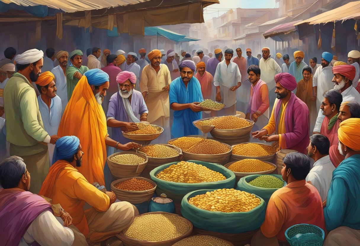 Indian moneylenders gather in a bustling market, exchanging coins and notes with local merchants. The air is filled with the sound of haggling and the vibrant colors of traditional clothing