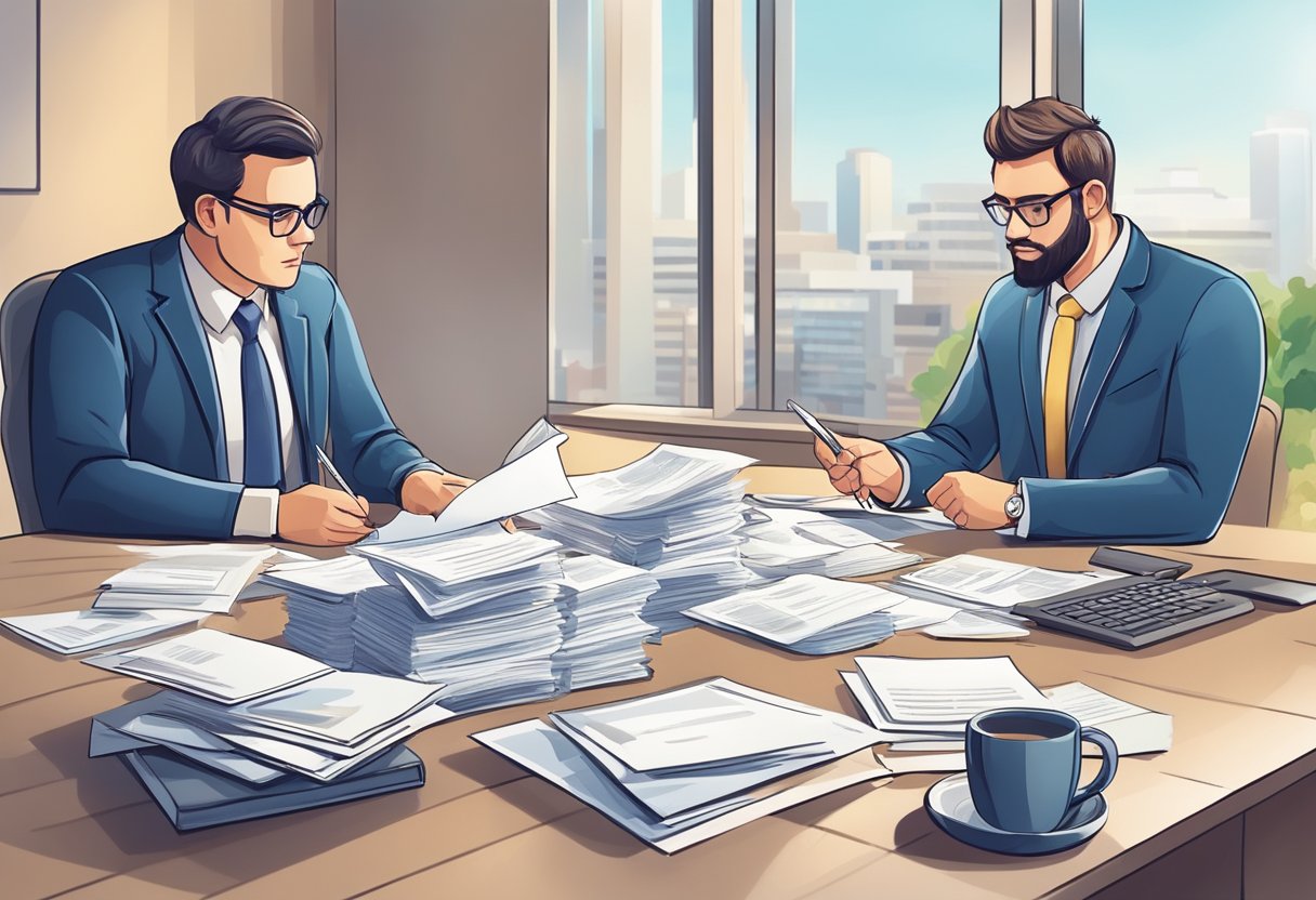 A person submits paperwork to a money lender, discussing terms and conditions for a loan. The lender reviews the application and discusses options with the applicant