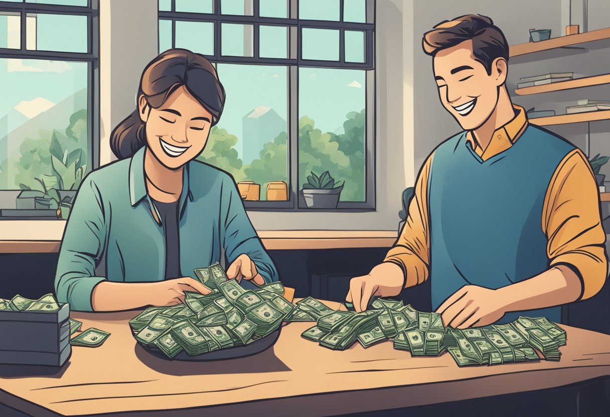 A person counting money with a smile, while another person looks satisfied receiving a loan