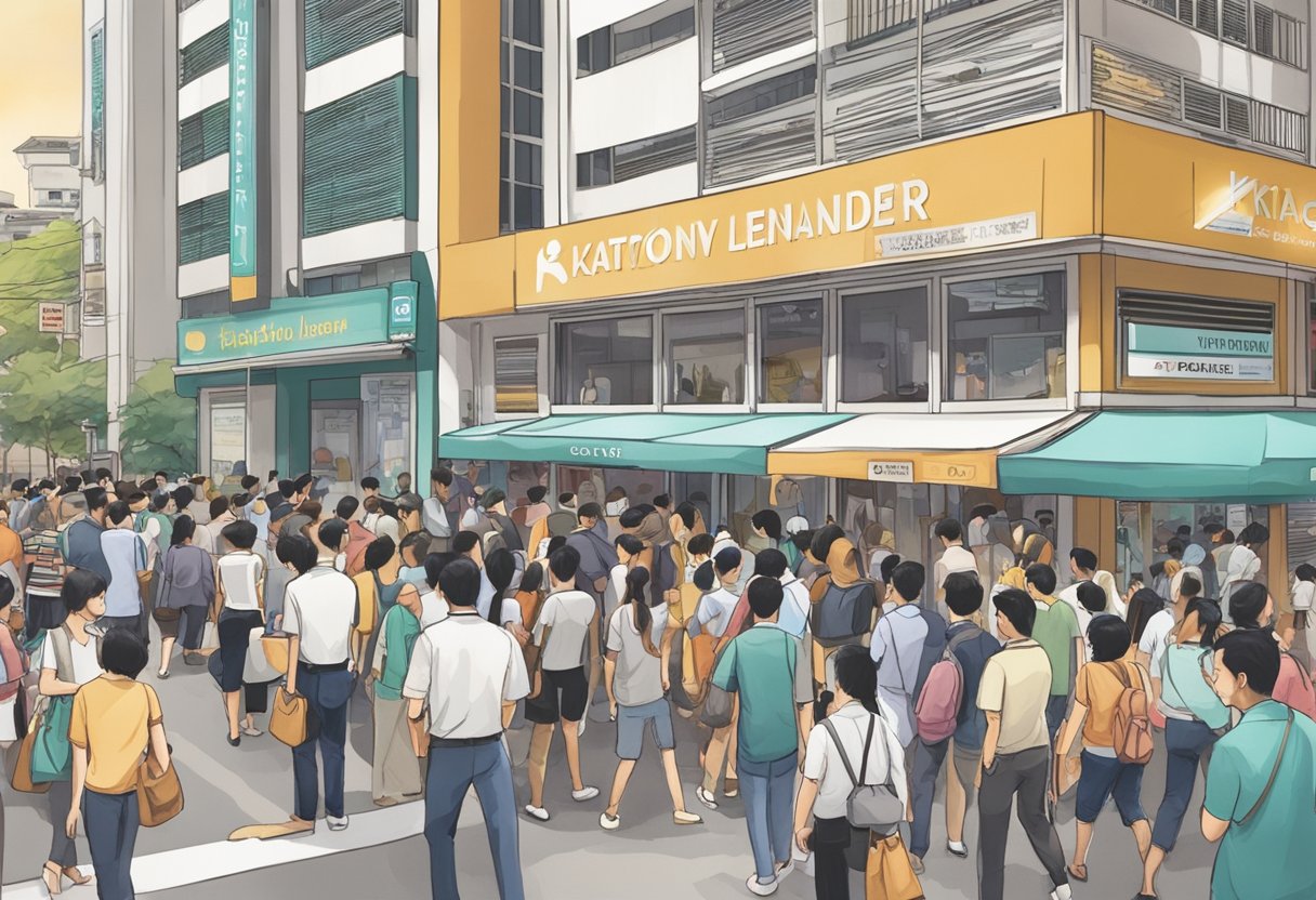 A bustling Singapore street with a prominent sign for Katong Credit Money Lender. People enter and exit the building, while others wait in line outside. The atmosphere is busy and businesslike