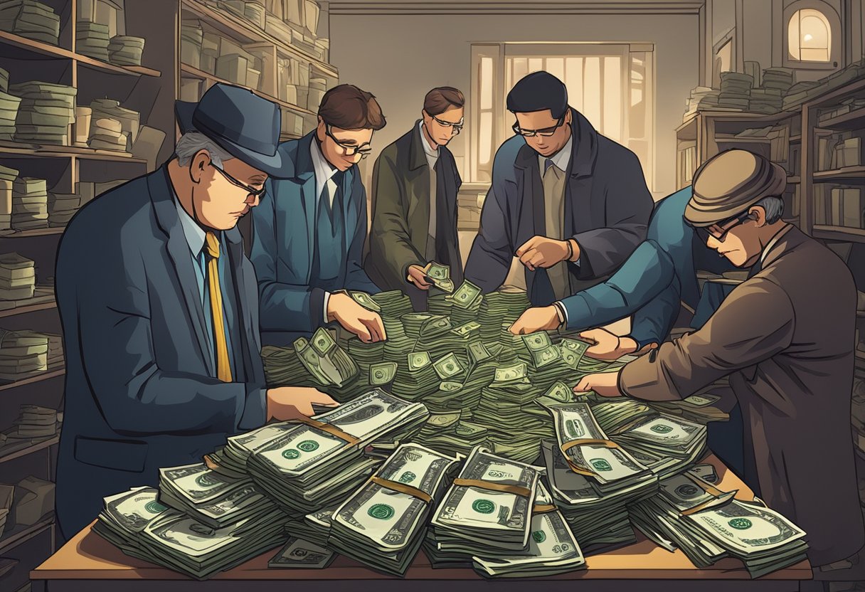 Money lenders counting and exchanging currency in a dimly lit room with stacks of bills and coins on a table