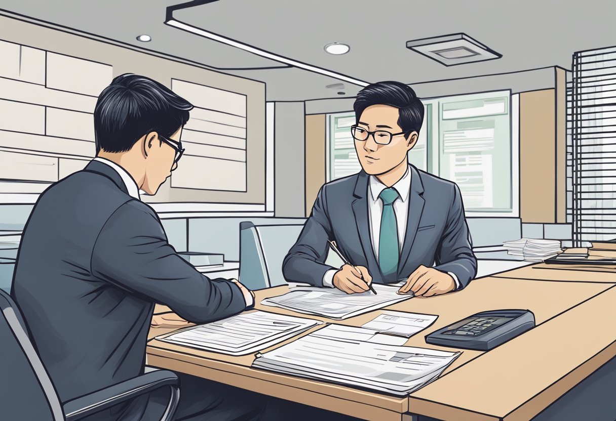 A person filling out a complaint form against a money lender at a government office in Singapore